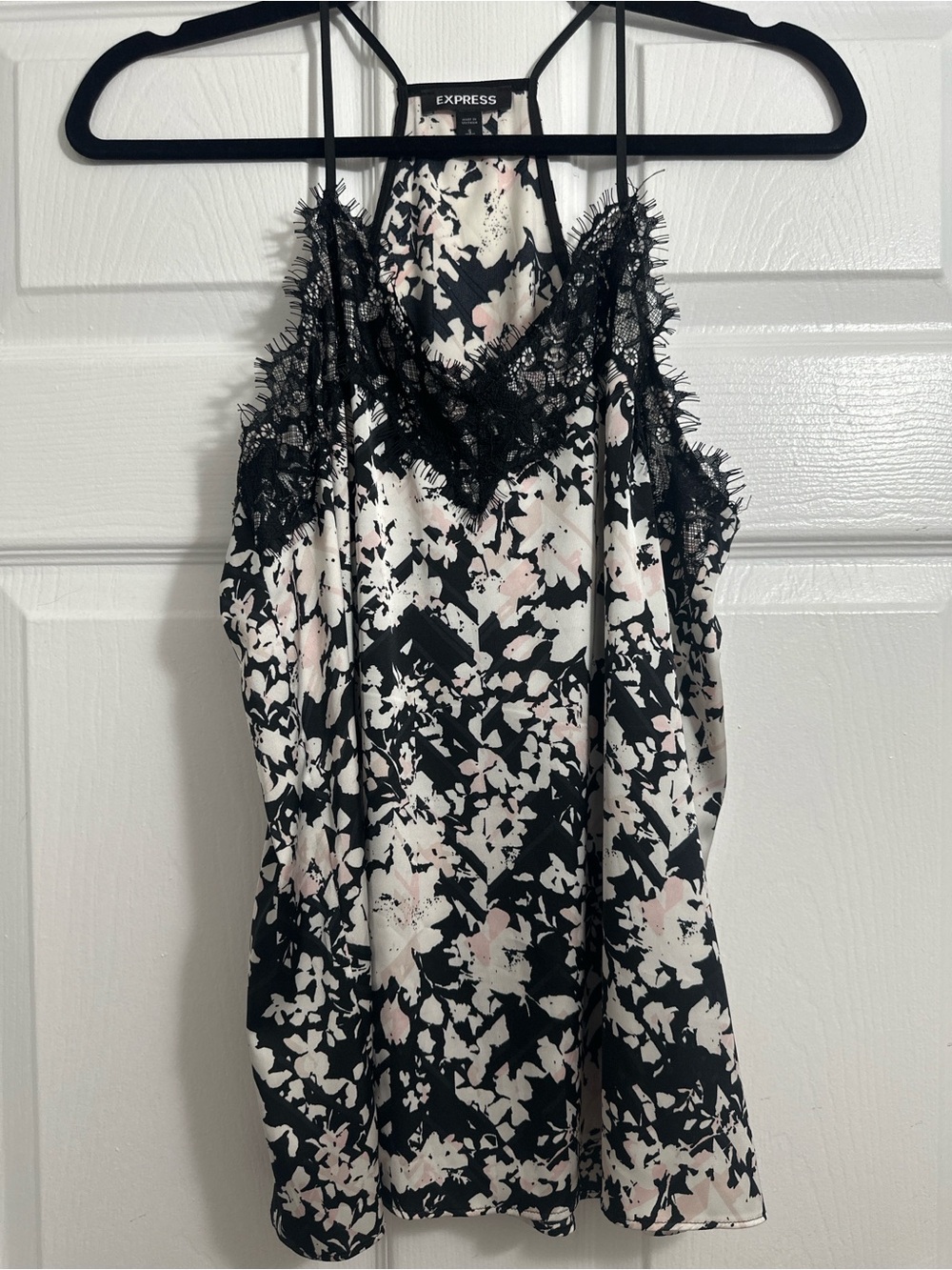 Express Black, White & Blush Floral Lace-Trim Cami